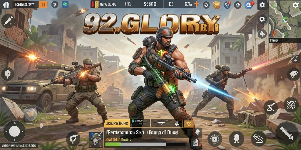 Screenshot 92GLORY menampilkan pertempuran seru dalam gameplay Battle Royale.