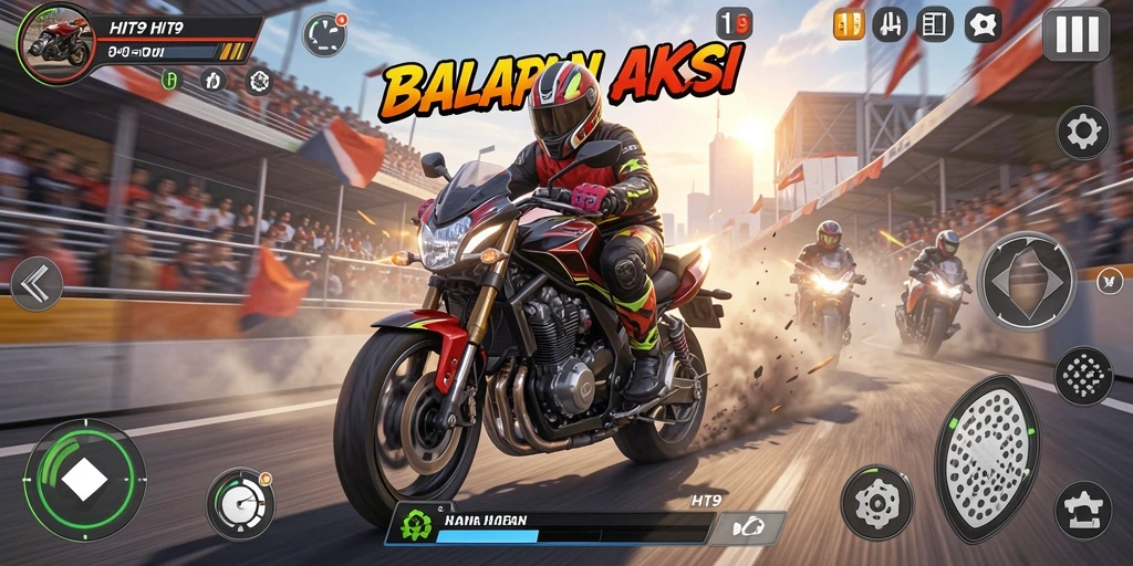 Tampilan gameplay seru dari HIT9 dengan motor balap yang menegangkan.