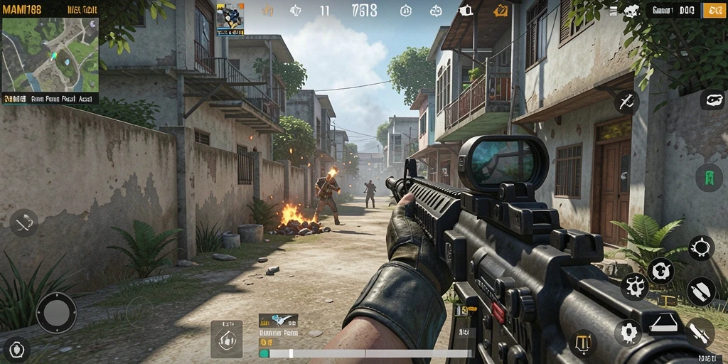 Screenshot utama MAMI188 dengan aksi gameplay FPS yang intens.